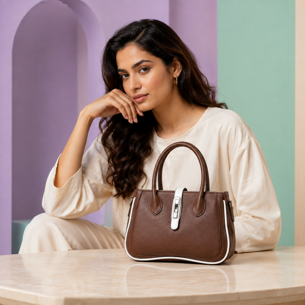 Coffee Women's Dual Tone Top Handle  Handbag with Detachable Shoulder Strap