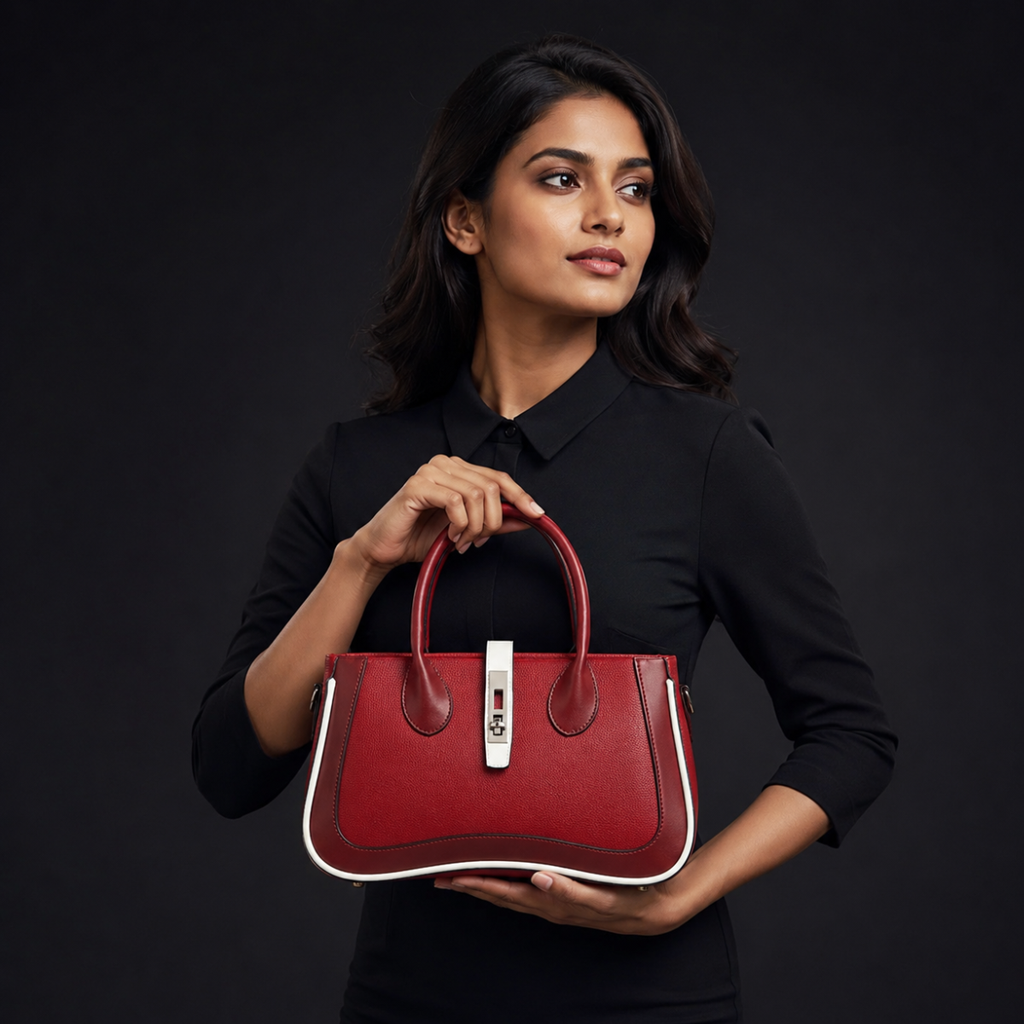 Maroon Women's Dual Tone Top Handle  Handbag with Detachable Shoulder Strap