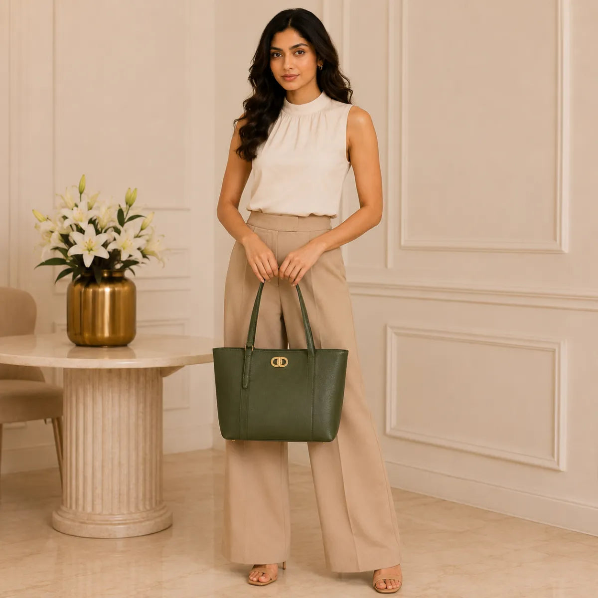 Green Textured Panel Tote Bag for Women