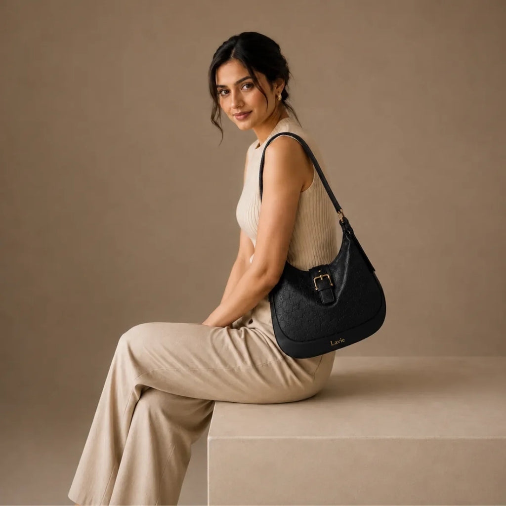 Black Embossed Floral Leather Hobo Bag for Women