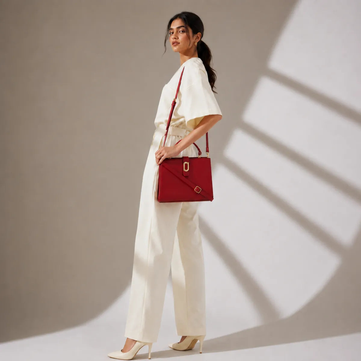 Red Structured Top Handle Handbag for Women