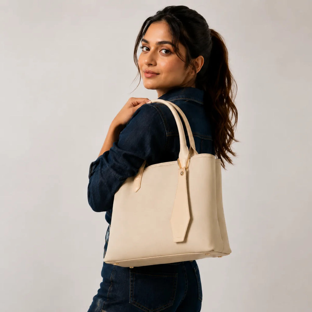Beige Canvas Structured Handbag for Women