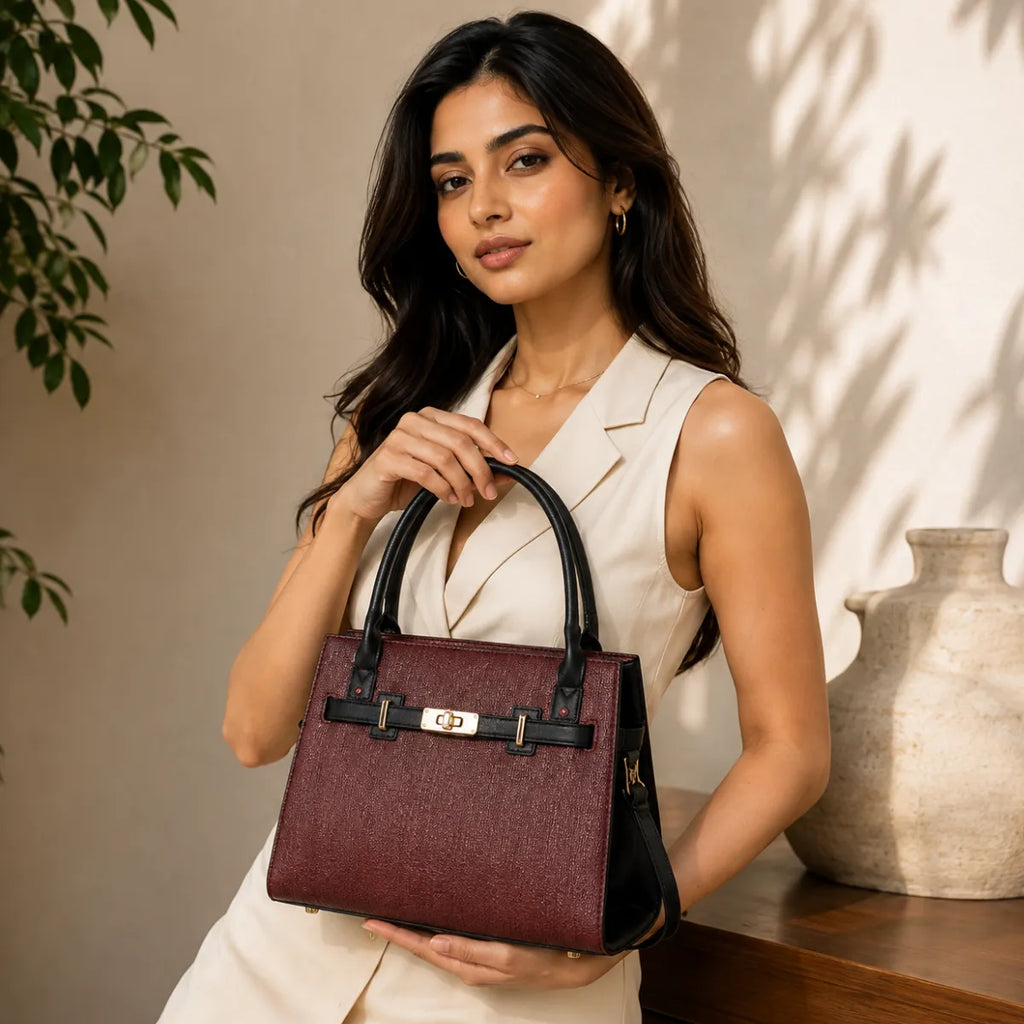Wine Chevron Textured Handbag for Women