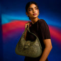 Green Embossed Floral Leather Hobo Bag for Women