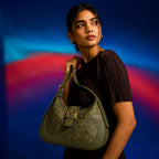 Green Embossed Floral Leather Hobo Bag for Women