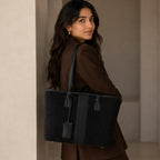 Black Woven Straw Textured Tote Bag for Women
