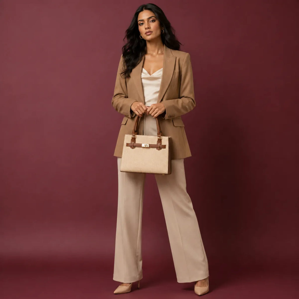 Khaki Chevron Textured Handbag for Women