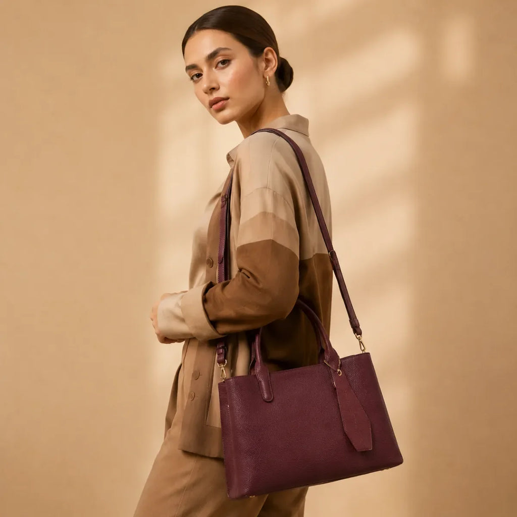 Wine Canvas Structured Handbag for Women