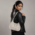 Off White Embossed Floral Leather Hobo Bag for Women