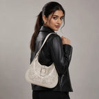Off White Embossed Floral Leather Hobo Bag for Women
