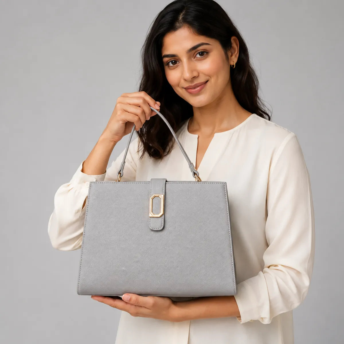 Grey Structured Top Handle Handbag for Women