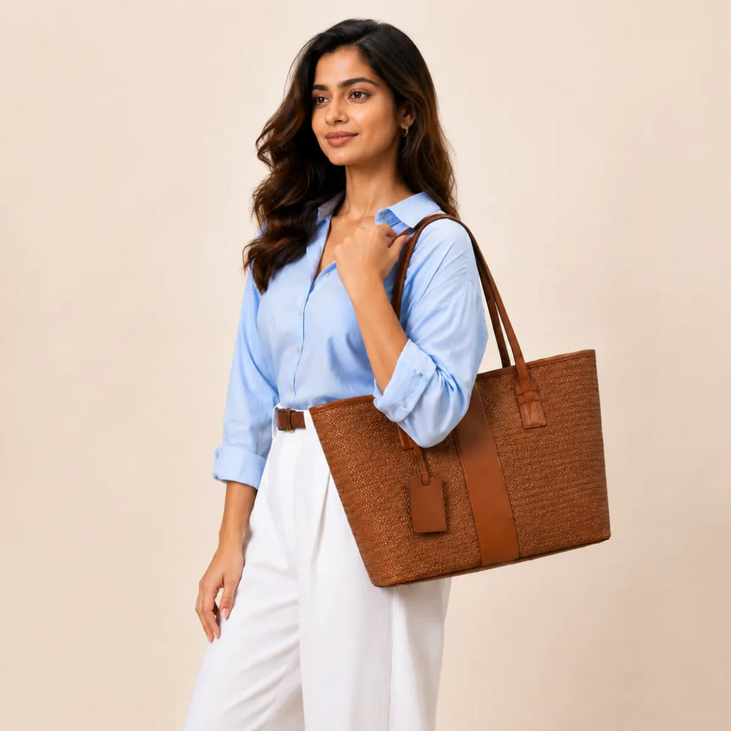 Tan Brown Woven Straw Textured Tote Bag for Women