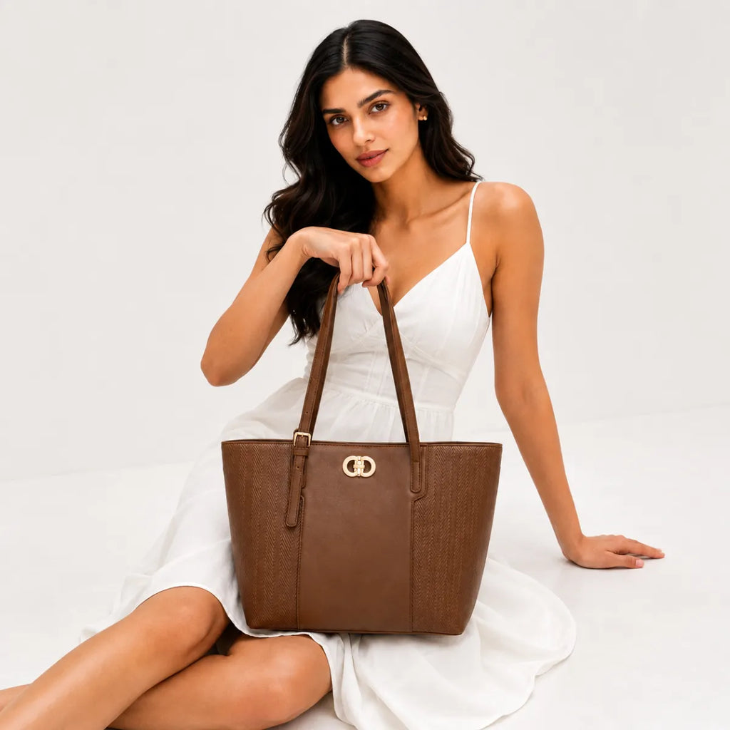 Brown Textured Panel Tote Bag for Women
