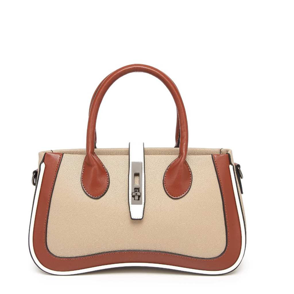 Tan Women's Dual Tone Top Handle  Handbag with Detachable Shoulder Strap