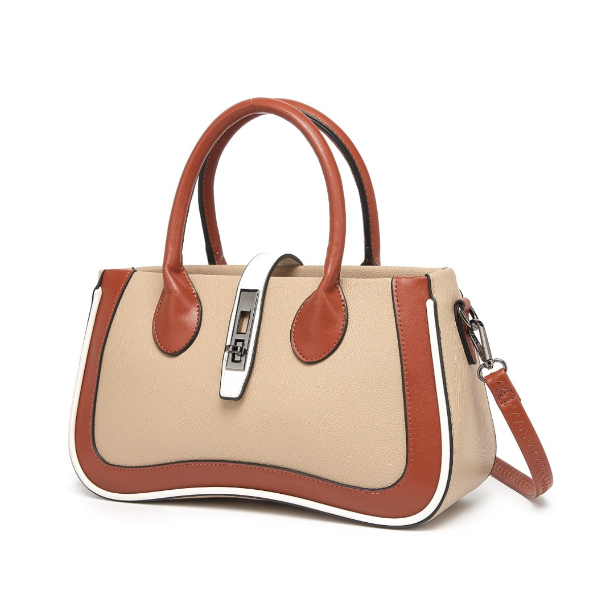 Tan Women's Dual Tone Top Handle  Handbag with Detachable Shoulder Strap