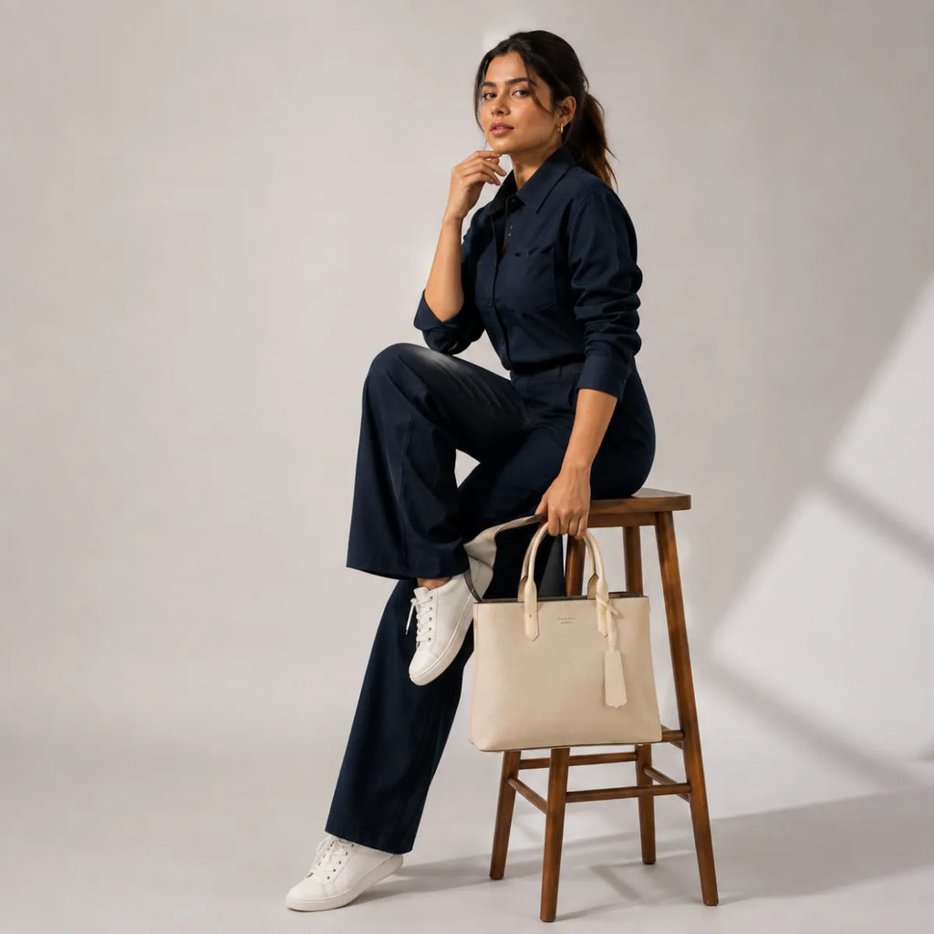 Beige Canvas Structured Handbag for Women