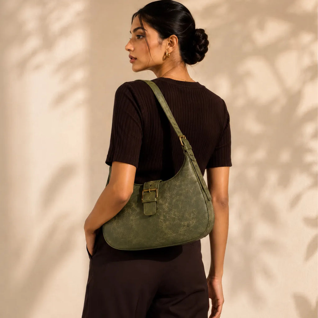 Green Embossed Floral Leather Hobo Bag for Women