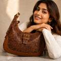 Tan Embossed Floral Leather Hobo Bag for Women