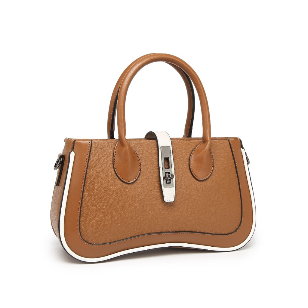 Beige Women's Dual Tone Top Handle  Handbag with Detachable Shoulder Strap
