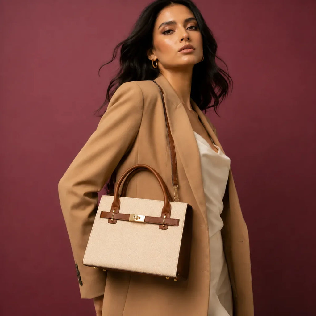 Khaki Chevron Textured Handbag for Women
