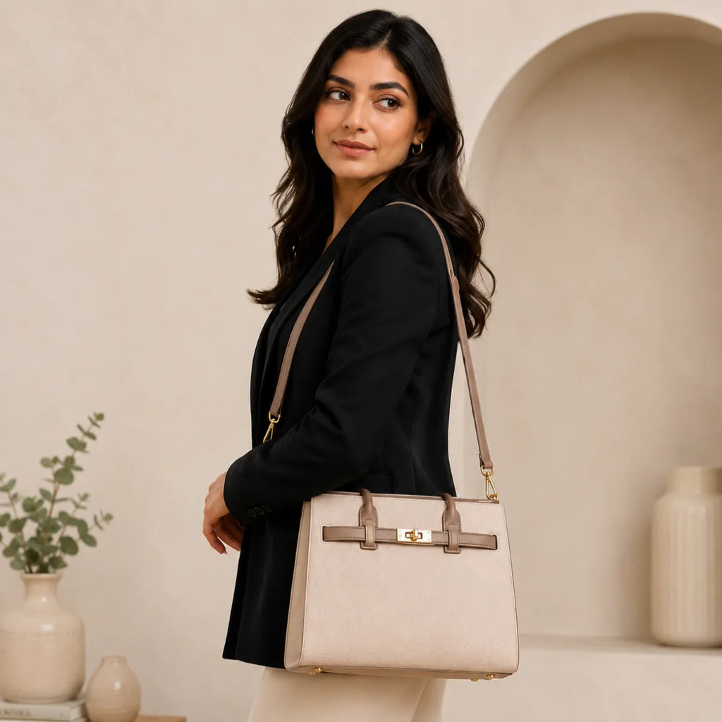 Beige Chevron Textured Handbag for Women
