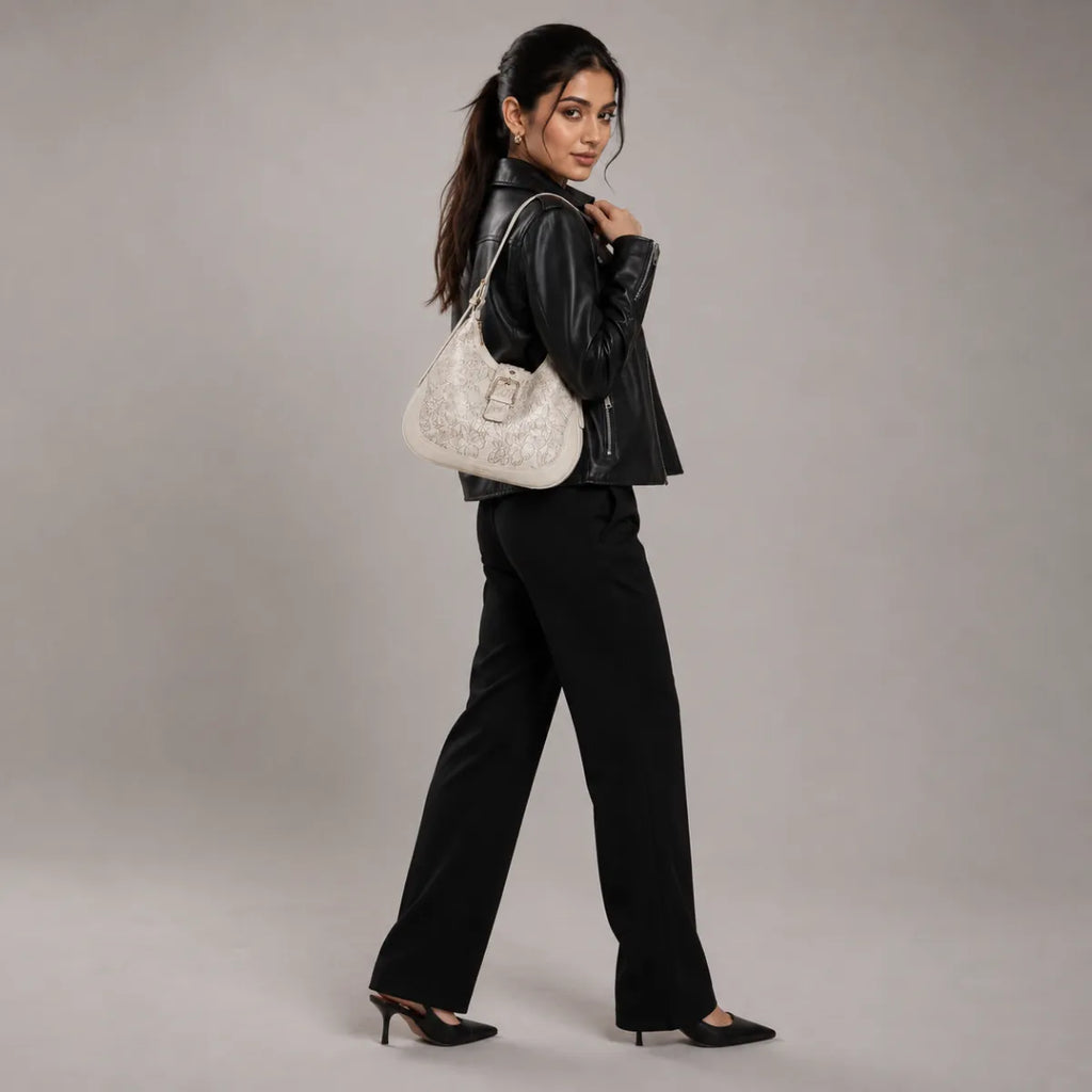 Off White Embossed Floral Leather Hobo Bag for Women