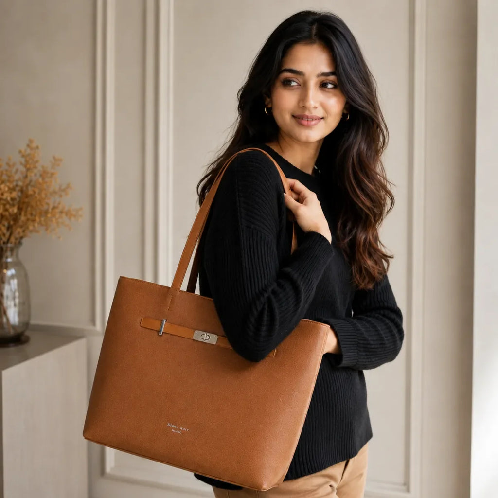 Tan Structured Shoulder Tote Bag for Women