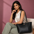 Black Textured Panel Tote Bag for Women