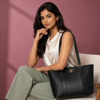 Black Textured Panel Tote Bag for Women