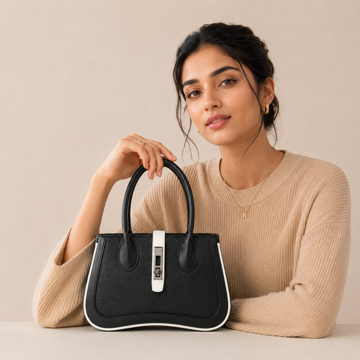 Black Women's Dual Tone Top Handle  Handbag with Detachable Shoulder Strap