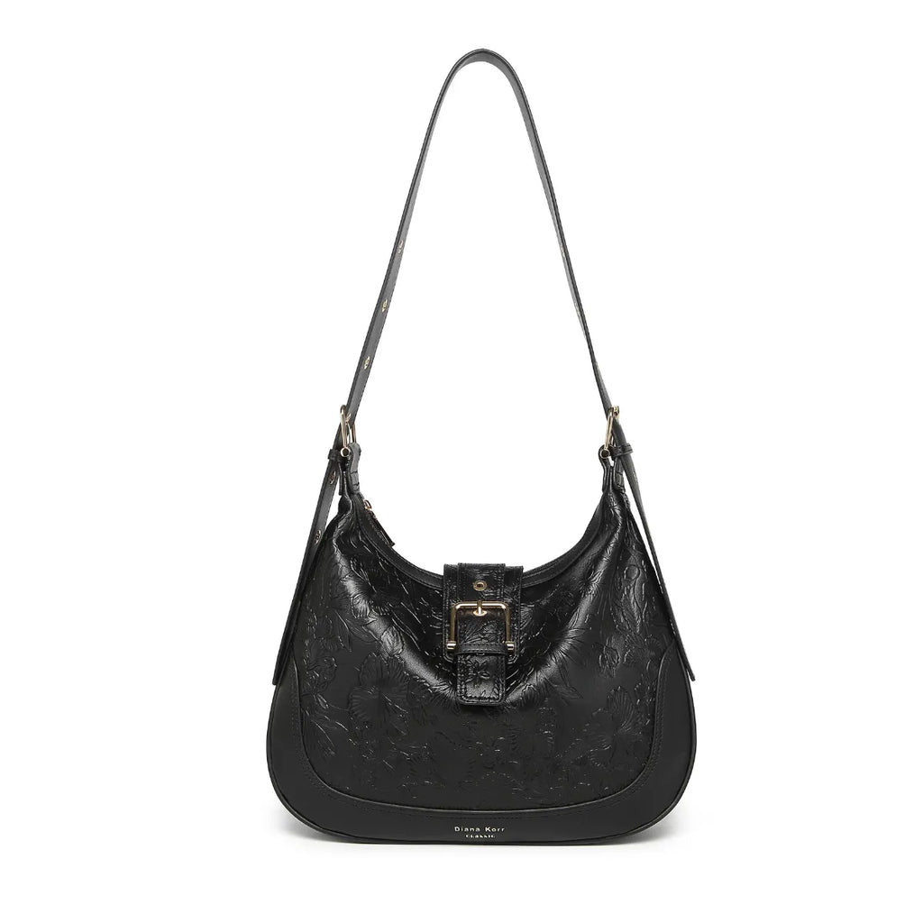 Black Embossed Floral Leather Hobo Bag for Women