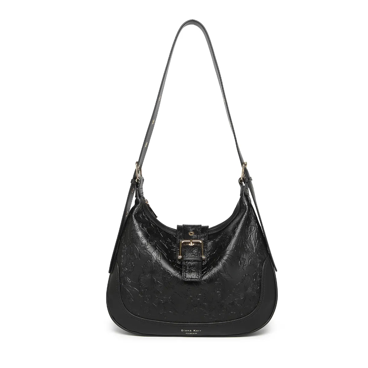 Black Embossed Floral Leather Hobo Bag for Women