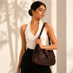 Brown Embossed Floral Leather Hobo Bag for Women