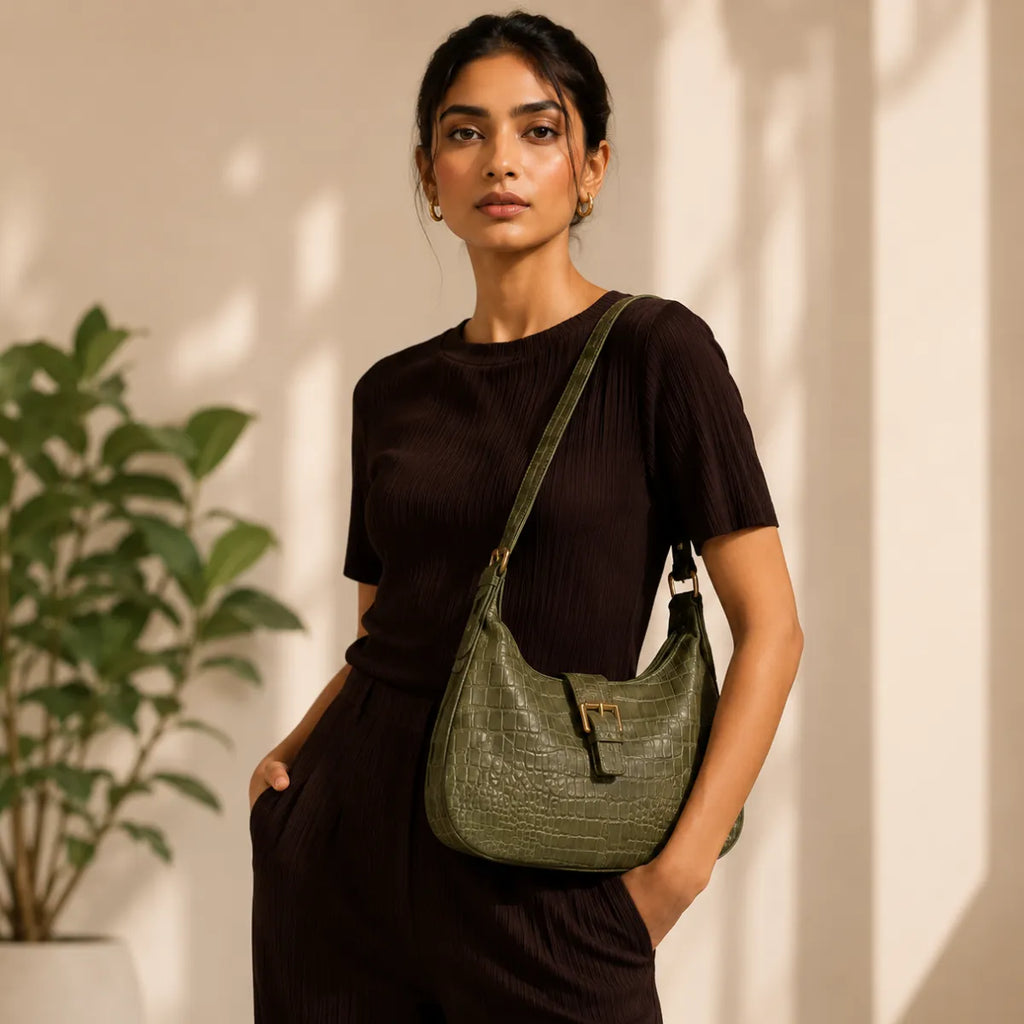 Green Embossed Floral Leather Hobo Bag for Women