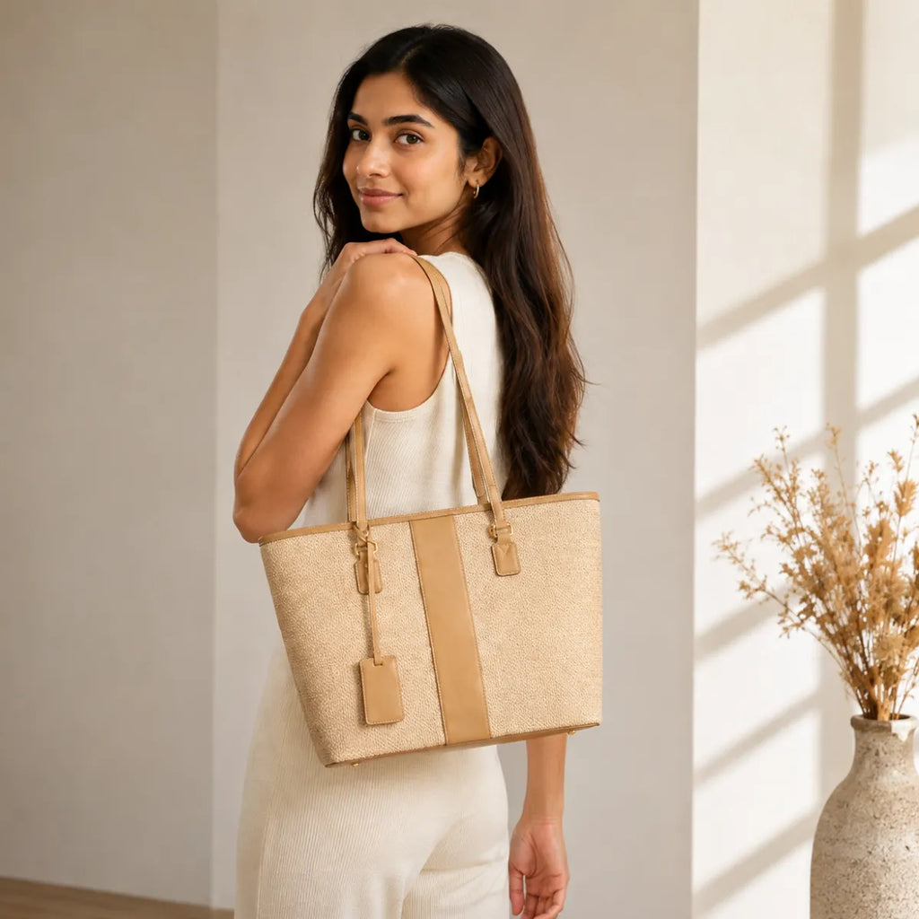 Beige Woven Straw Textured Tote Bag for Women