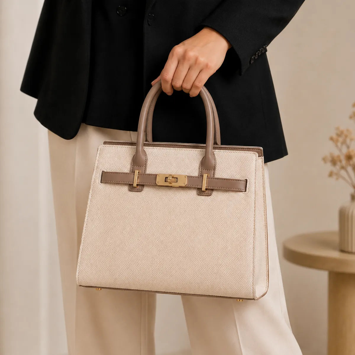 Beige Chevron Textured Handbag for Women