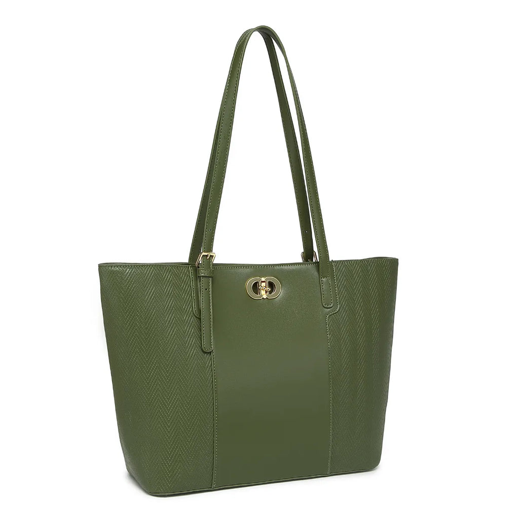 Green Textured Panel Tote Bag for Women