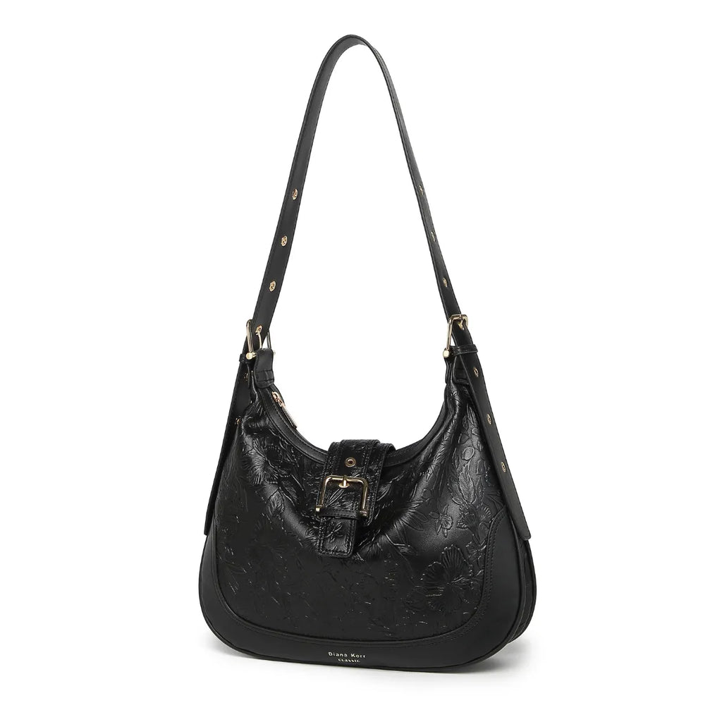 Black Embossed Floral Leather Hobo Bag for Women