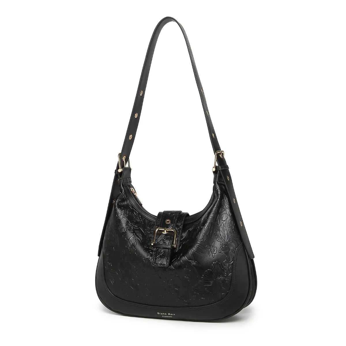 Black Embossed Floral Leather Hobo Bag for Women