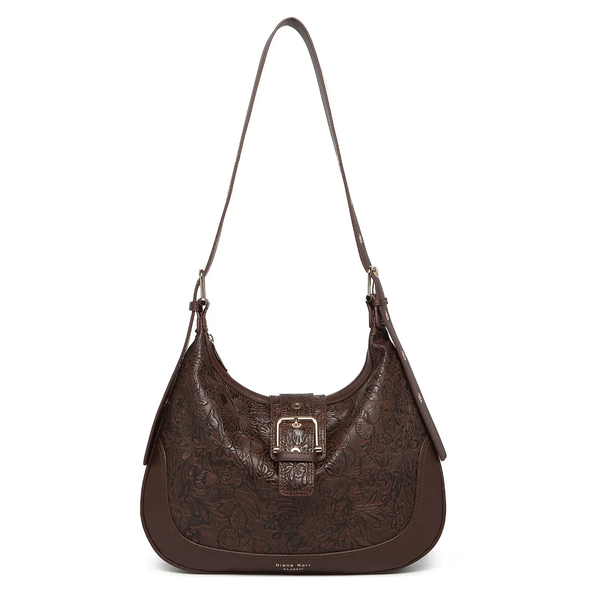 Brown Embossed Floral Leather Hobo Bag for Women
