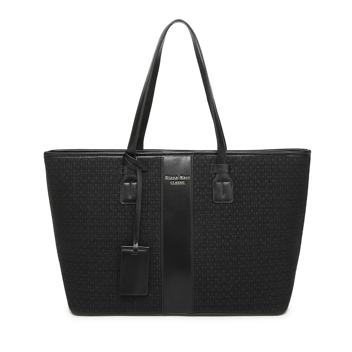 Black Woven Straw Textured Tote Bag for Women