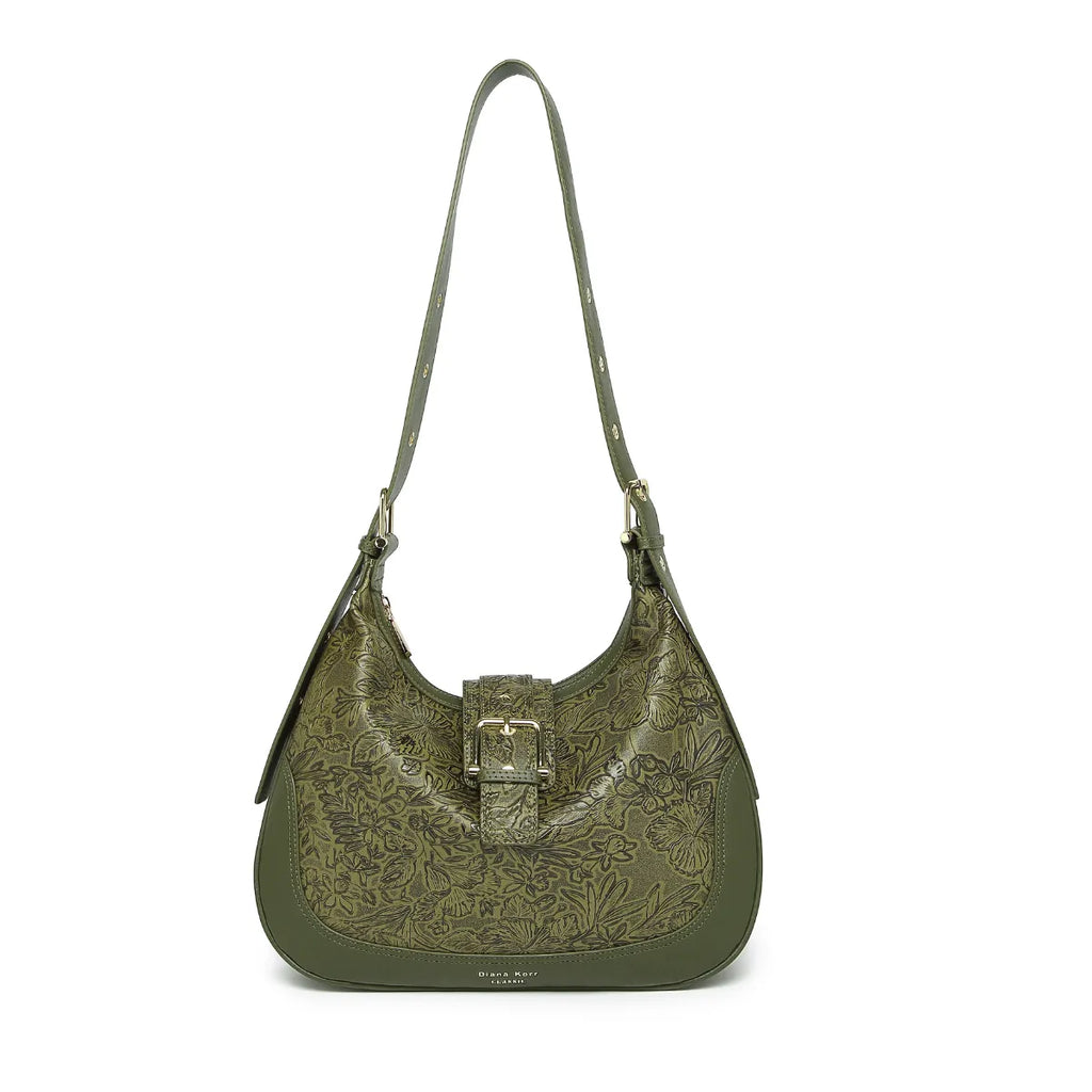 Green Embossed Floral Leather Hobo Bag for Women