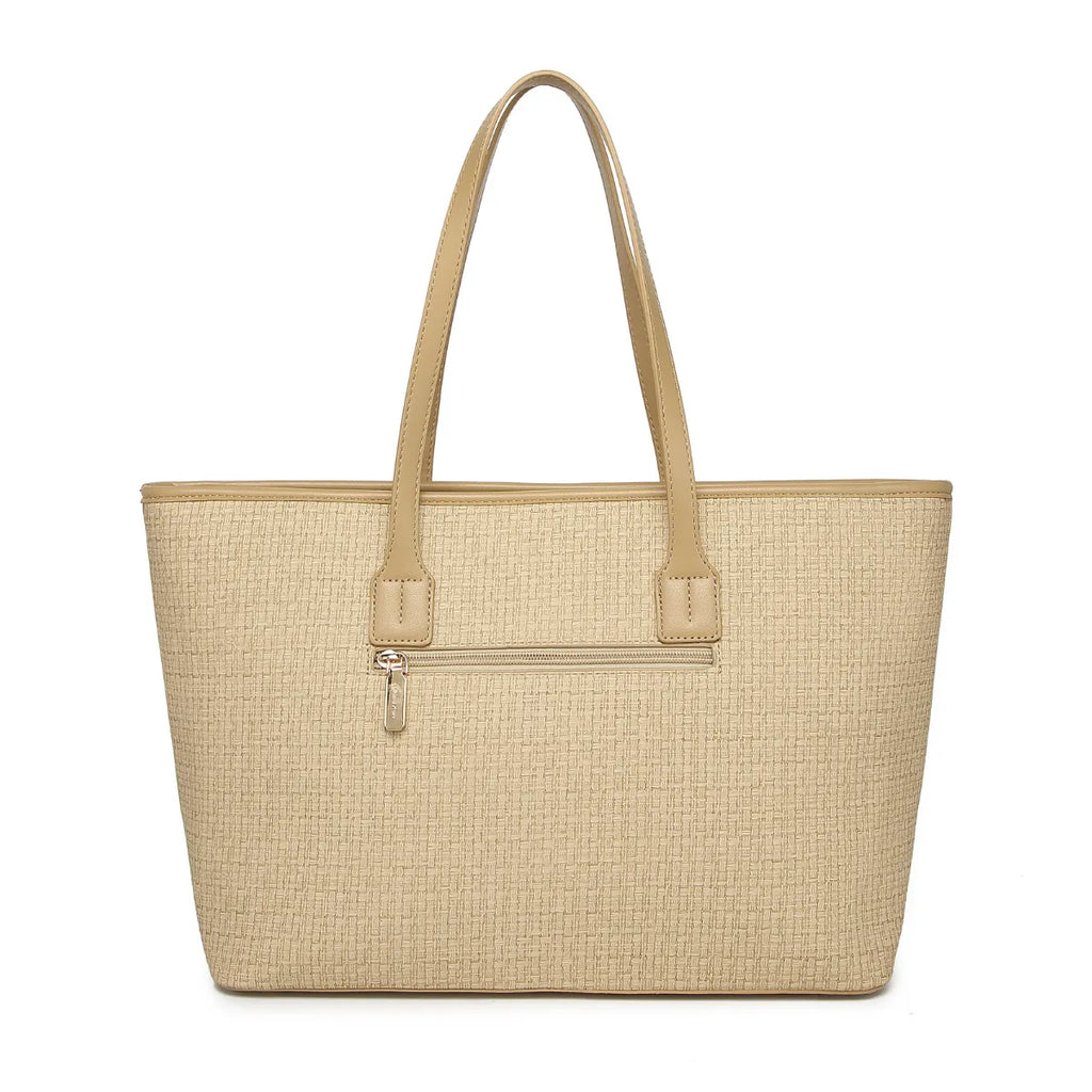 Beige Woven Straw Textured Tote Bag for Women