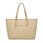 Beige Woven Straw Textured Tote Bag for Women