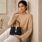 Black Women's Dual Tone Top Handle  Handbag with Detachable Shoulder Strap