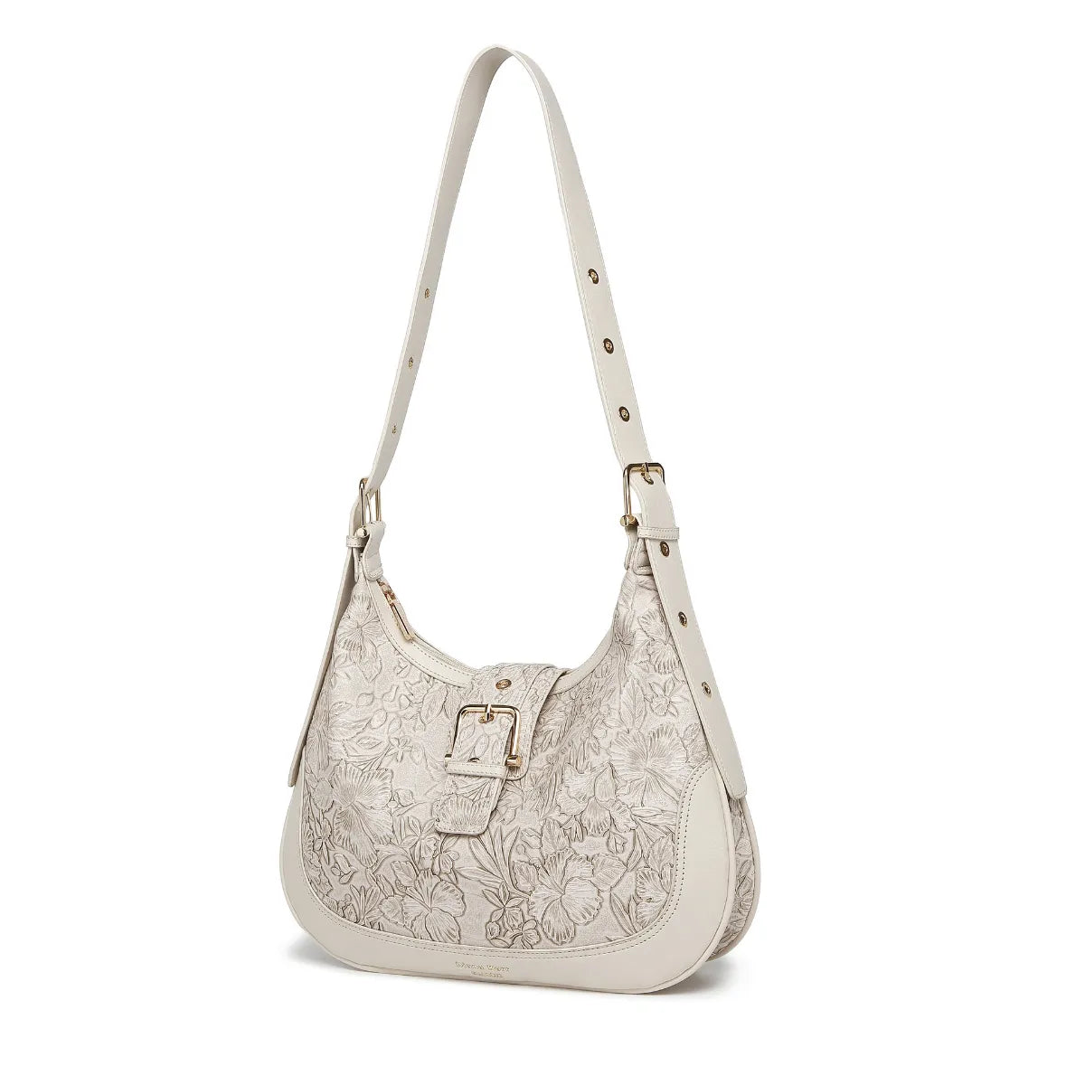 Off White Embossed Floral Leather Hobo Bag for Women
