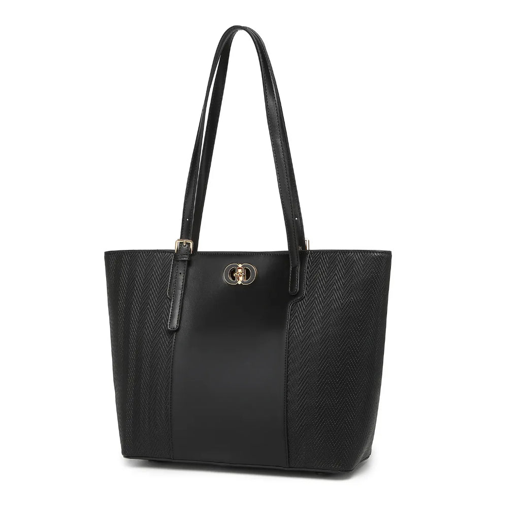 Black Textured Panel Tote Bag for Women