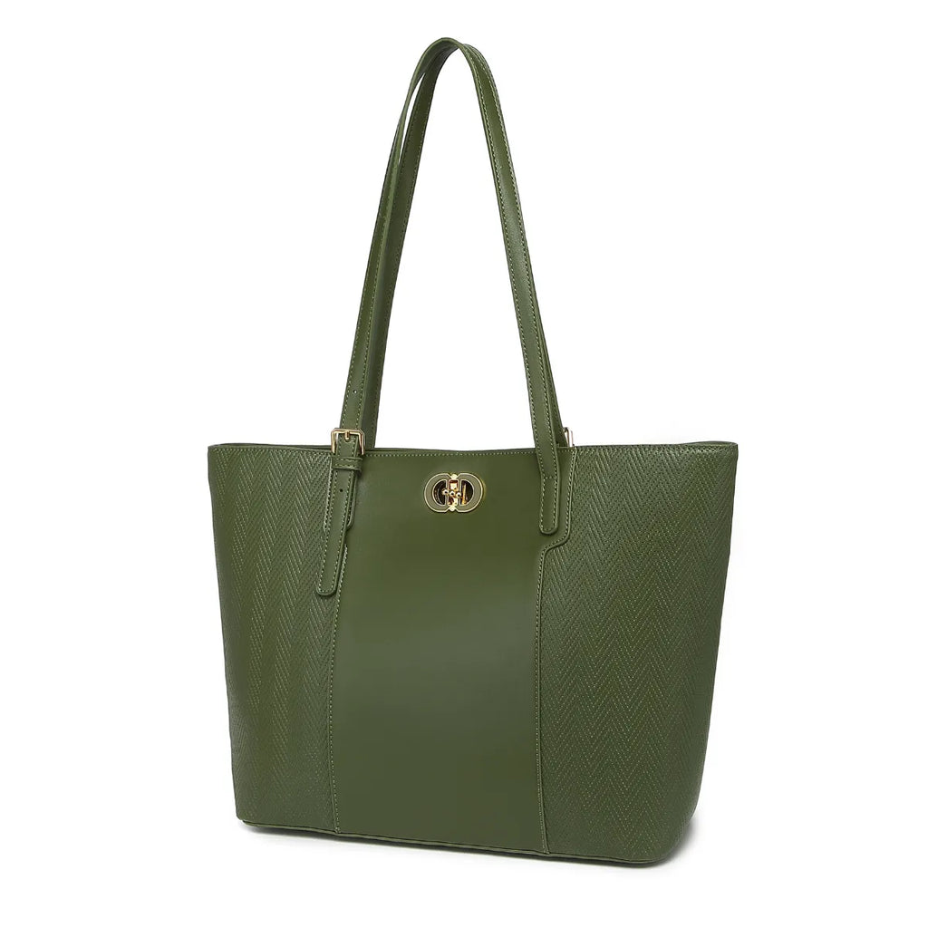Green Textured Panel Tote Bag for Women