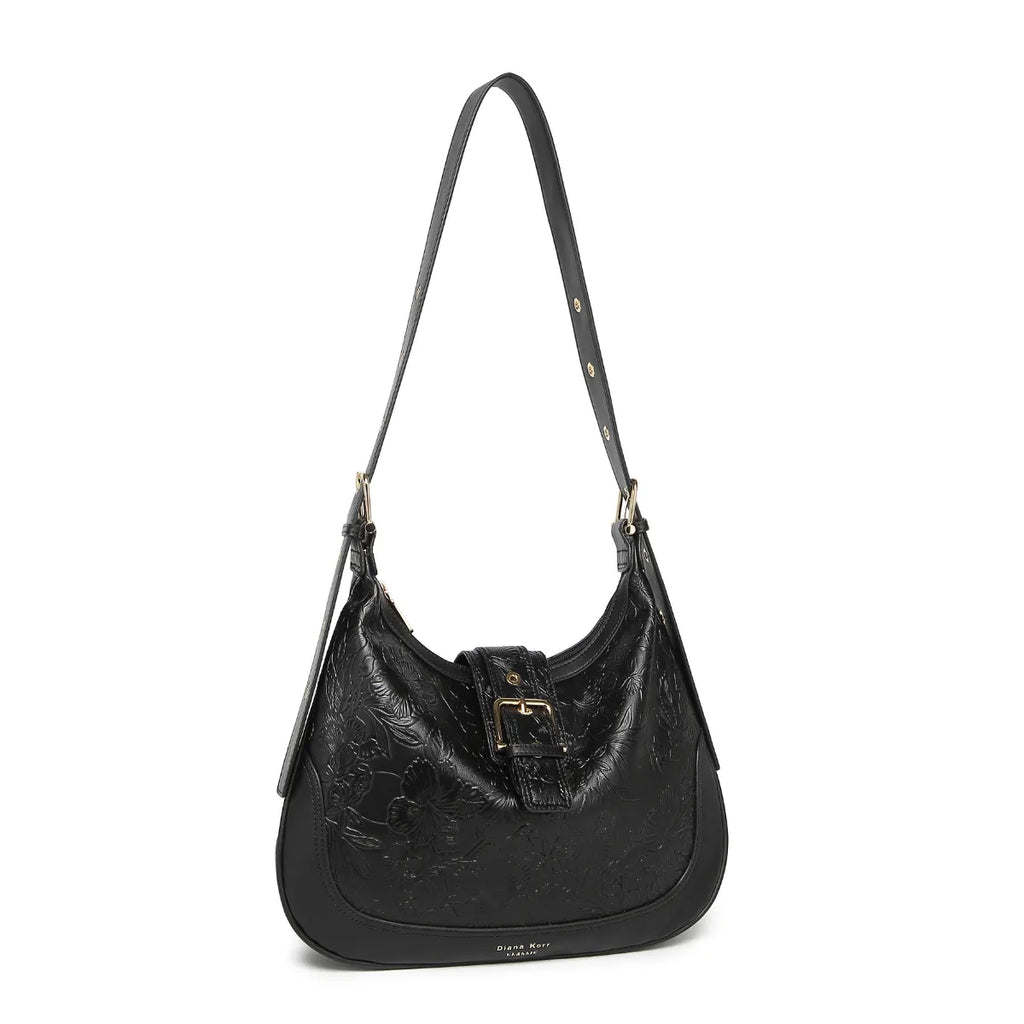Black Embossed Floral Leather Hobo Bag for Women