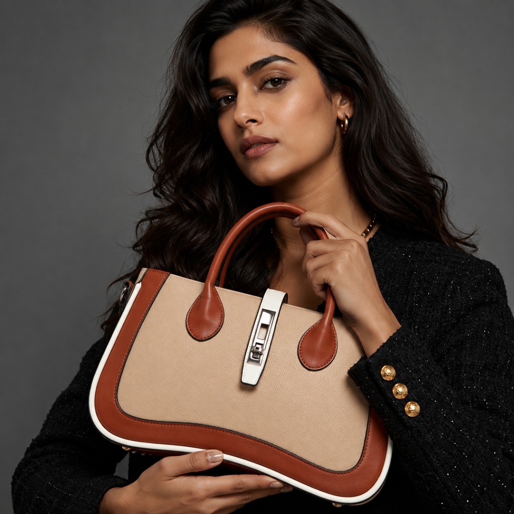 Tan Women's Dual Tone Top Handle  Handbag with Detachable Shoulder Strap